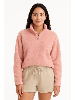 DYI Women's 1/2 Zip Fuzzy Fleece Sweater Blush Pink Size Large